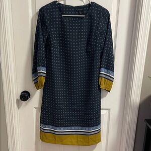 Ann Taylor Dark Blue and Yellow Long Sleeve Dress